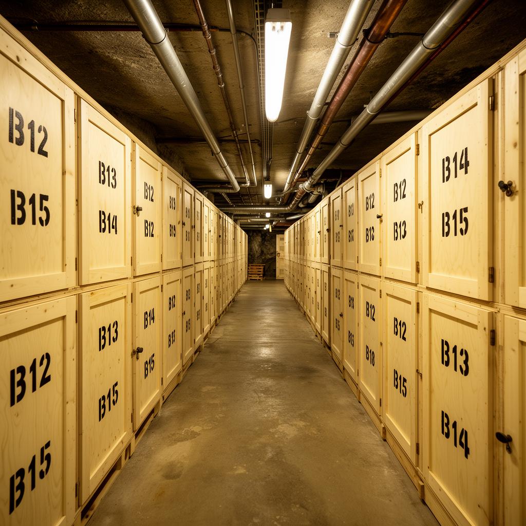 Private wine lockers corridor with stenciled numbers — wine storage in West Hills, San Fernando Valley